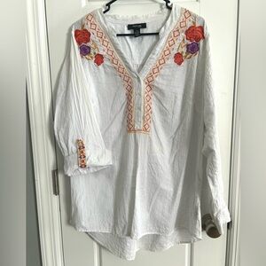 Style & Co White Embroidered V-Neck Tunic Top, 3/4 Convertible Sleeves